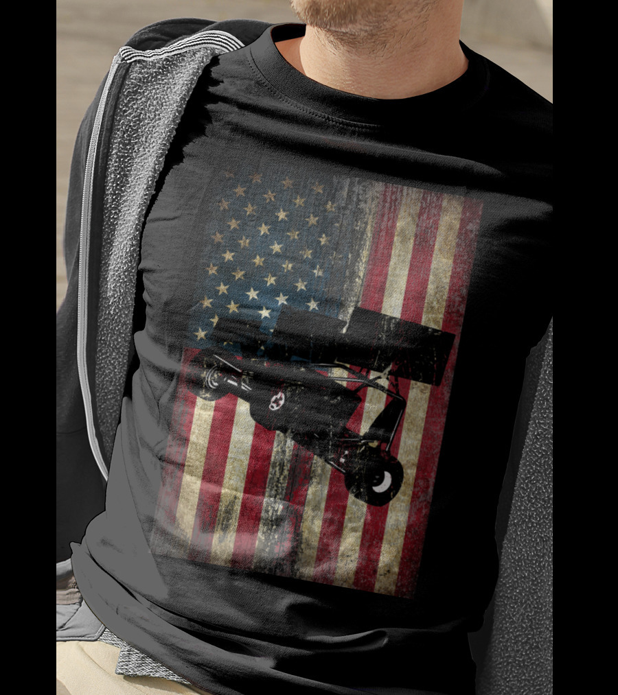 Sprint Car Dirt Track Racing American Flag Background T-Shirt
