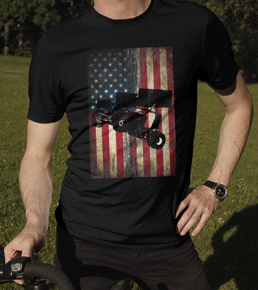 Sprint Car Dirt Track Racing American Flag Background T-Shirt