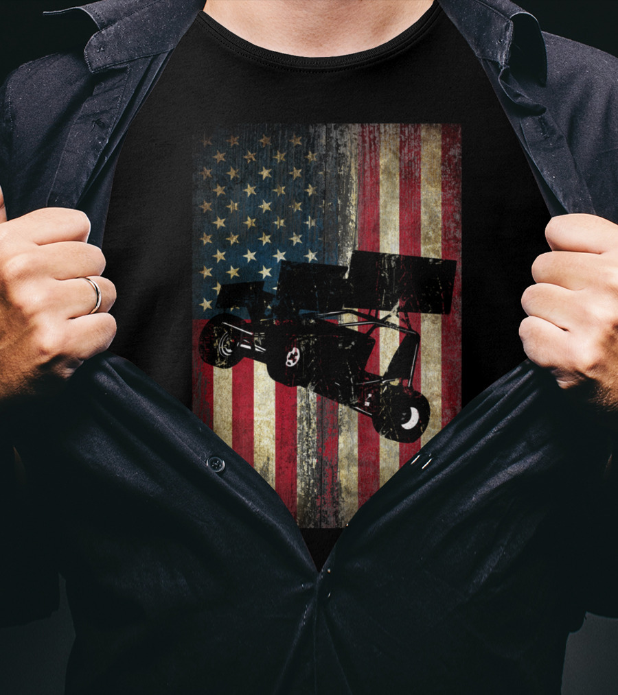 Sprint Car Dirt Track Racing American Flag Background T-Shirt