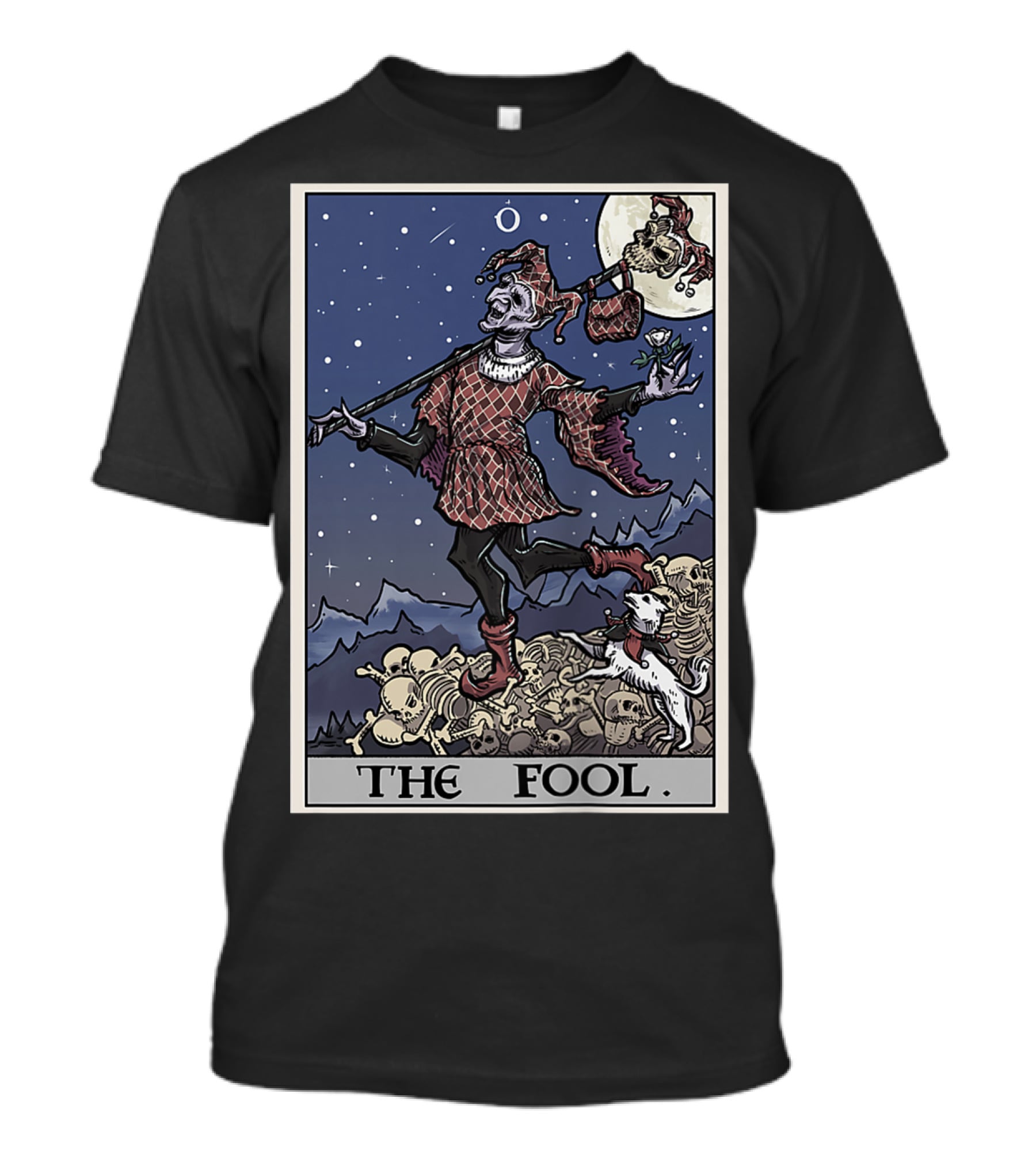 The Fool Tarot Card Gothic Halloween Jester On Skull Pile T-Shirt