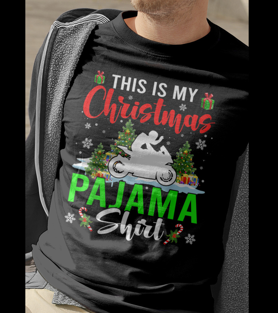 This Is My Christmas Pajama Shirt Snowflakes Motorbike Trees Presents T-Shirt