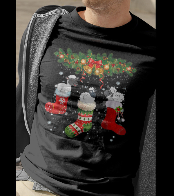 Three Sheeps In Christmas Stockings Bells Garland Snowflakes Holiday T-Shirt