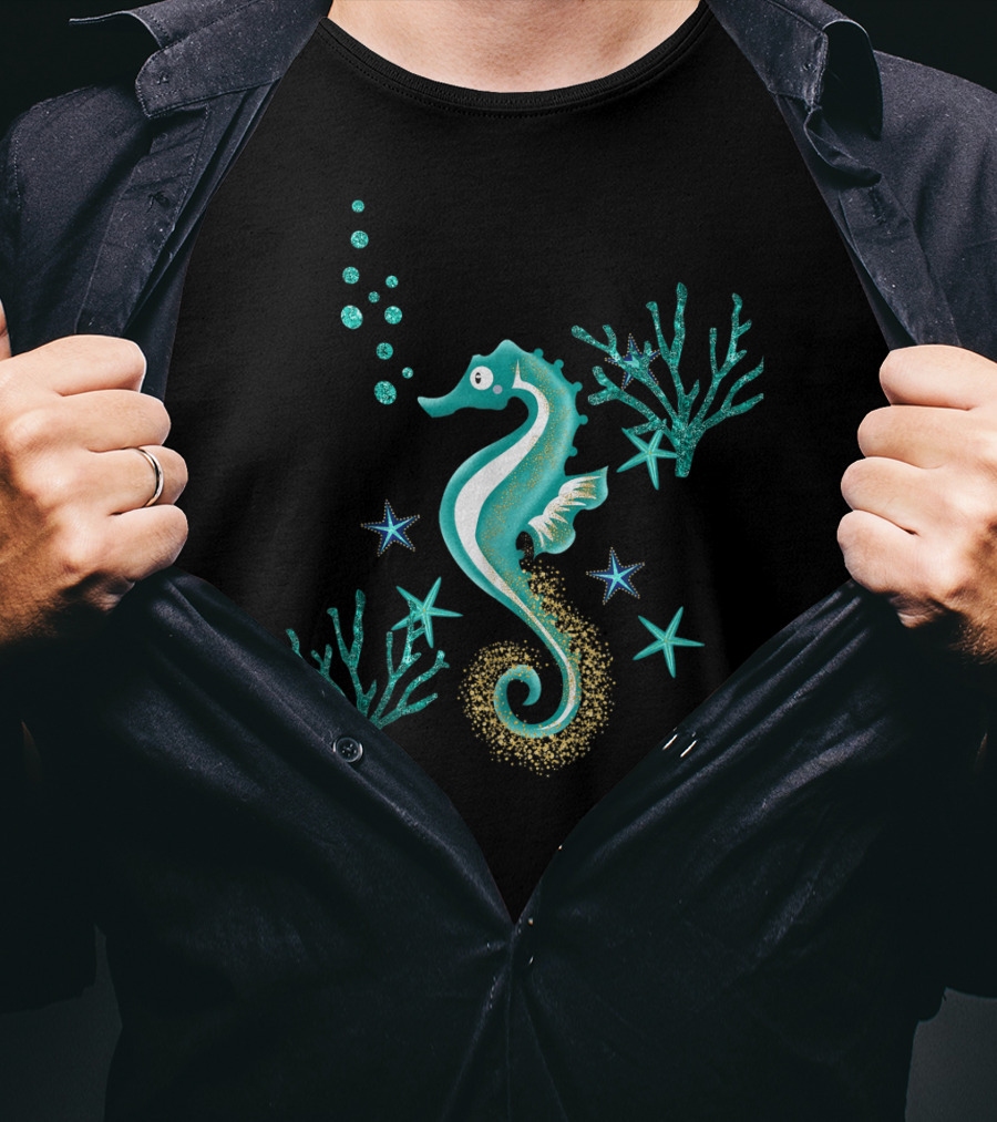 Turquoise Seahorse Ocean Coral And Starfish T-Shirt