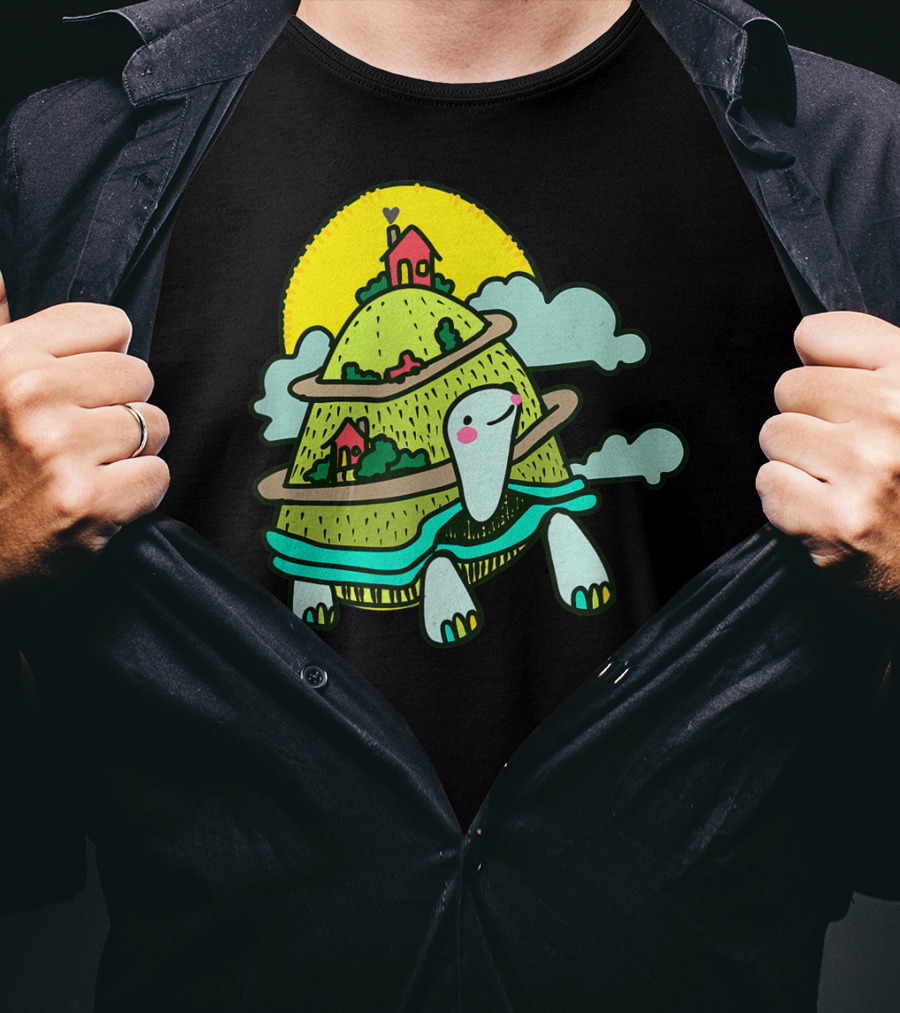 Turtle Life On A Mountain Path With Houses And Sun T-Shirt