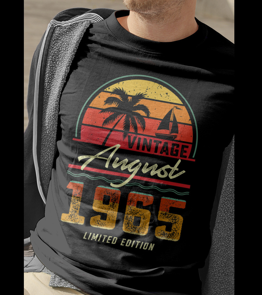 Vintage August 1965 Palm Tree And Sailboat Retro Sunset T-Shirt