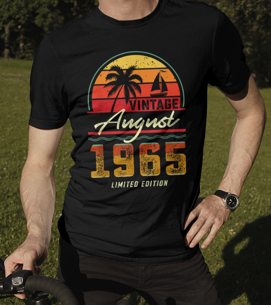 Vintage August 1965 Palm Tree And Sailboat Retro Sunset T-Shirt
