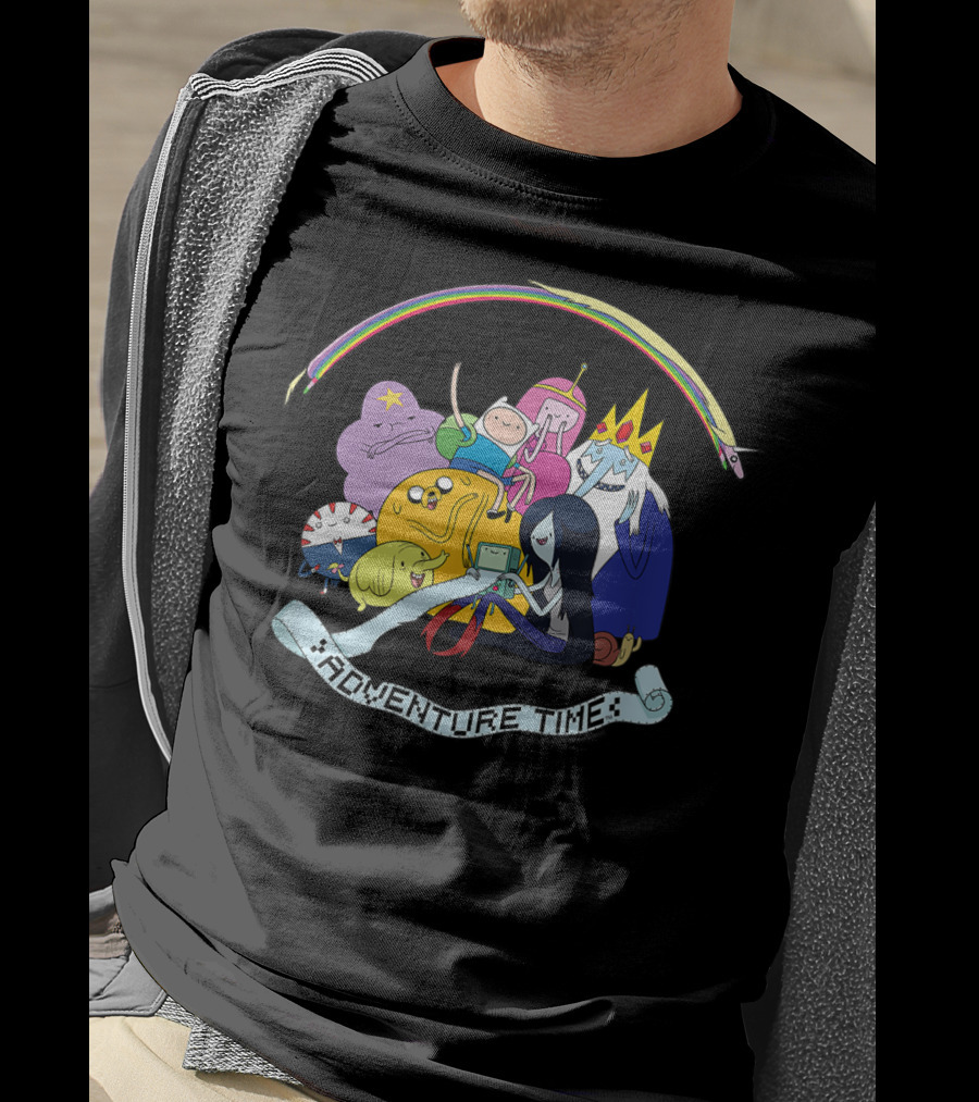 Adventure Time Characters Group With Rainbow And Script Banner T-Shirt
