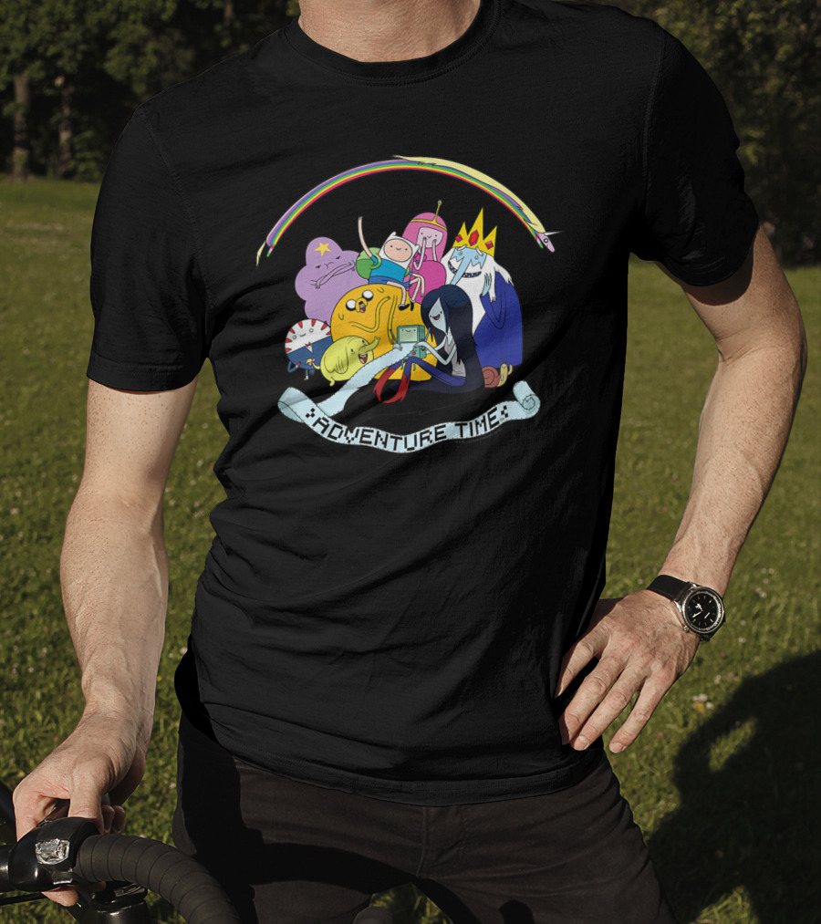 Adventure Time Characters Group With Rainbow And Script Banner T-Shirt