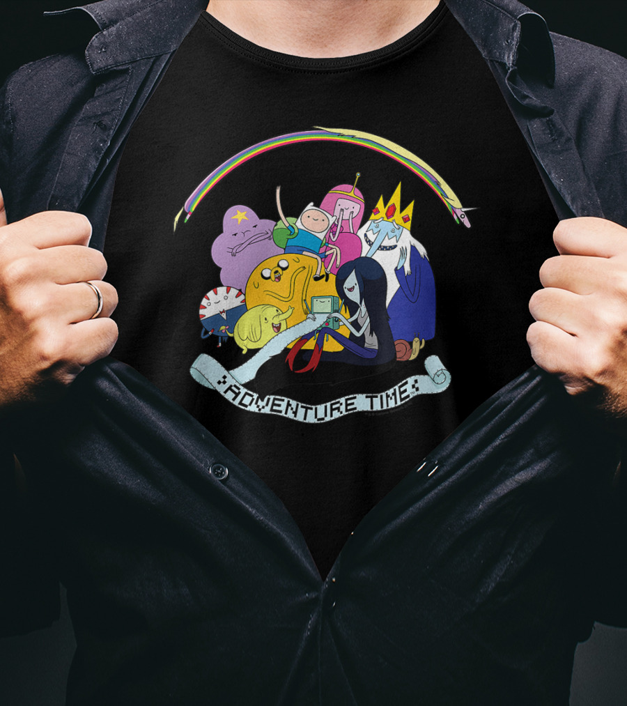 Adventure Time Characters Group With Rainbow And Script Banner T-Shirt