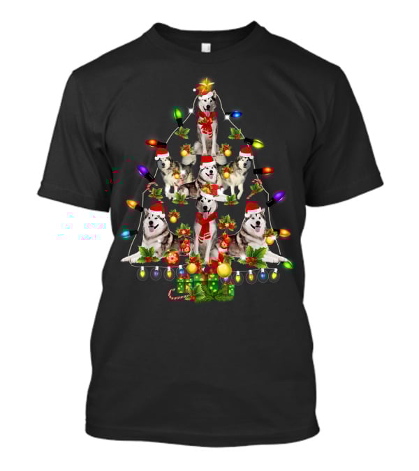 Alaskan Malamute Christmas Tree With Funny Dogs And Festive Lights T-Shirt