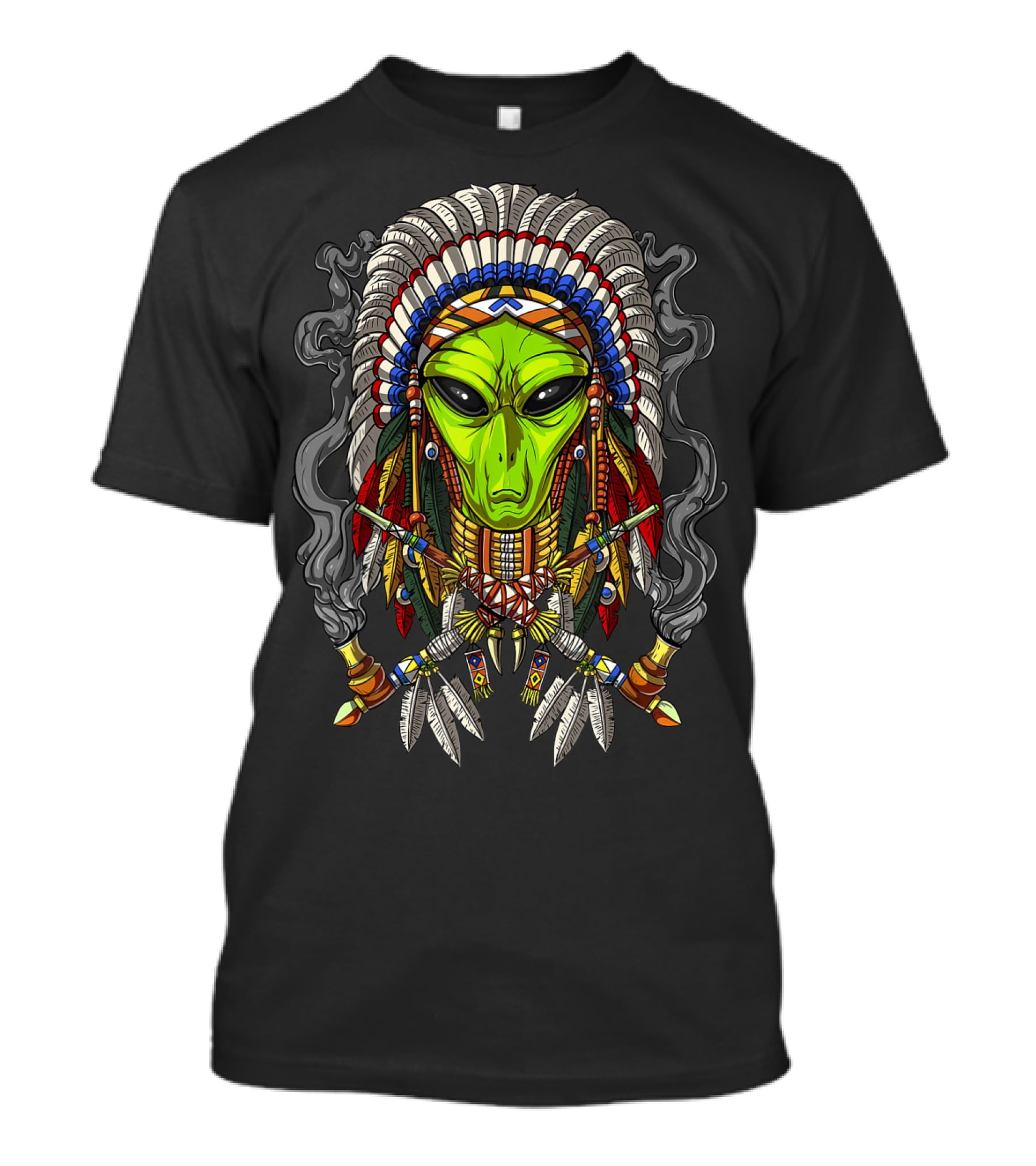 Alien Native American Chief Headdress Smoking Peace Pipes T-Shirt