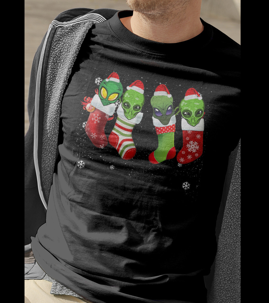 Aliens Wearing Santa Hats In Christmas Stockings With Snowflakes T-Shirt