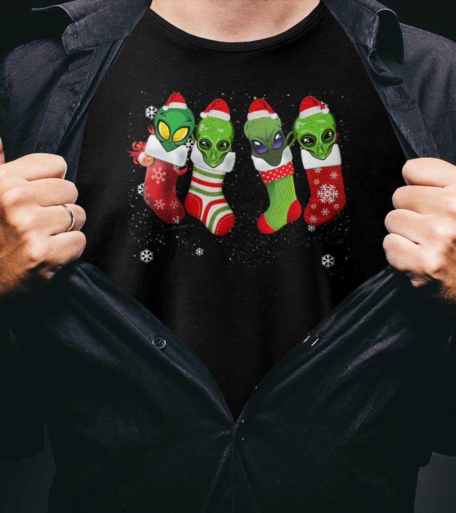 Aliens Wearing Santa Hats In Christmas Stockings With Snowflakes T-Shirt
