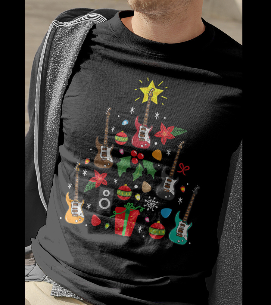 Bass Guitar Christmas Ornament Tree Music Holiday Festive Lights And Presents T-Shirt