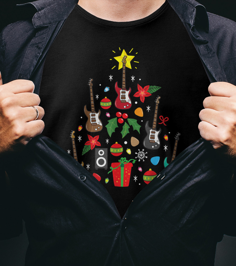 Bass Guitar Christmas Ornament Tree Music Holiday Festive Lights And Presents T-Shirt