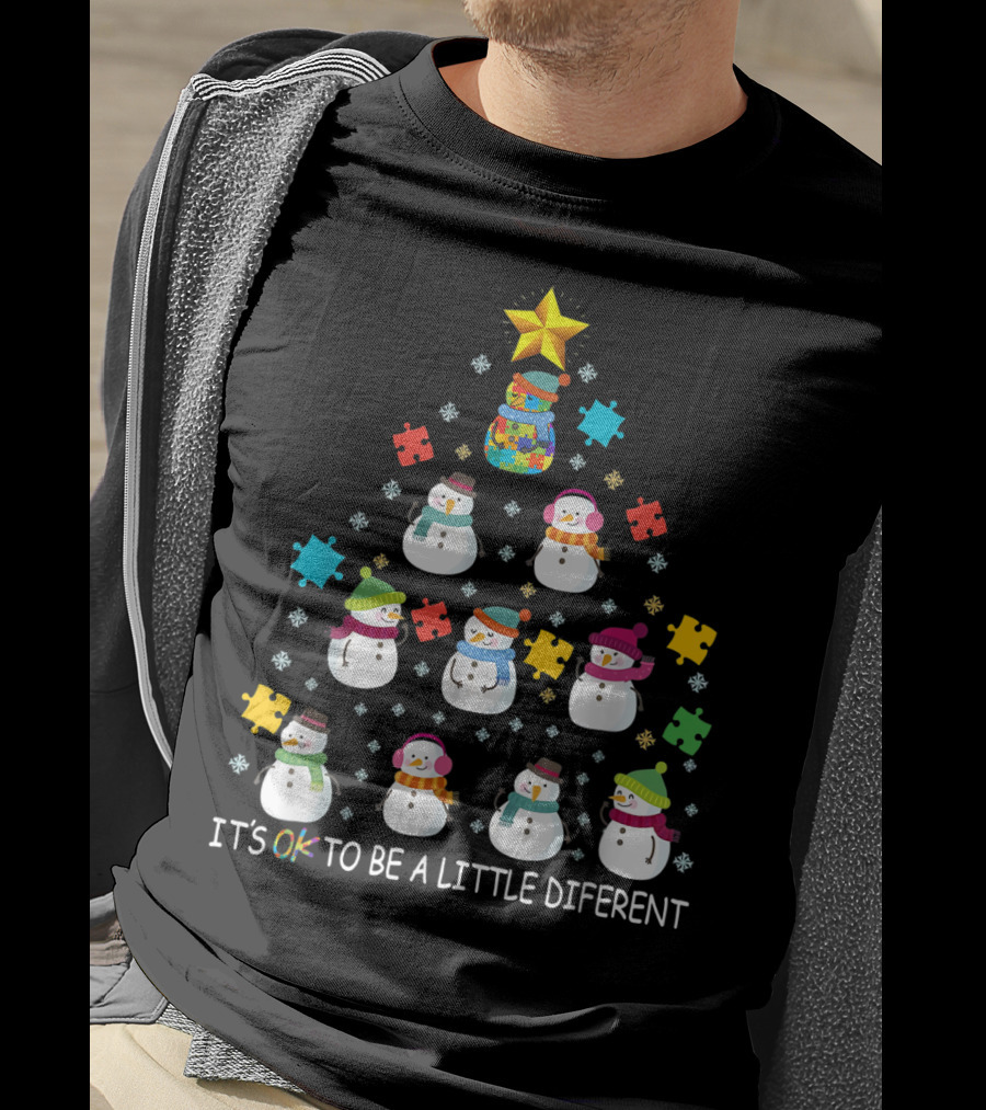 IT'S OK TO BE A LITTLE DIFERENT Snowman Autism Puzzle Tree T-Shirt
