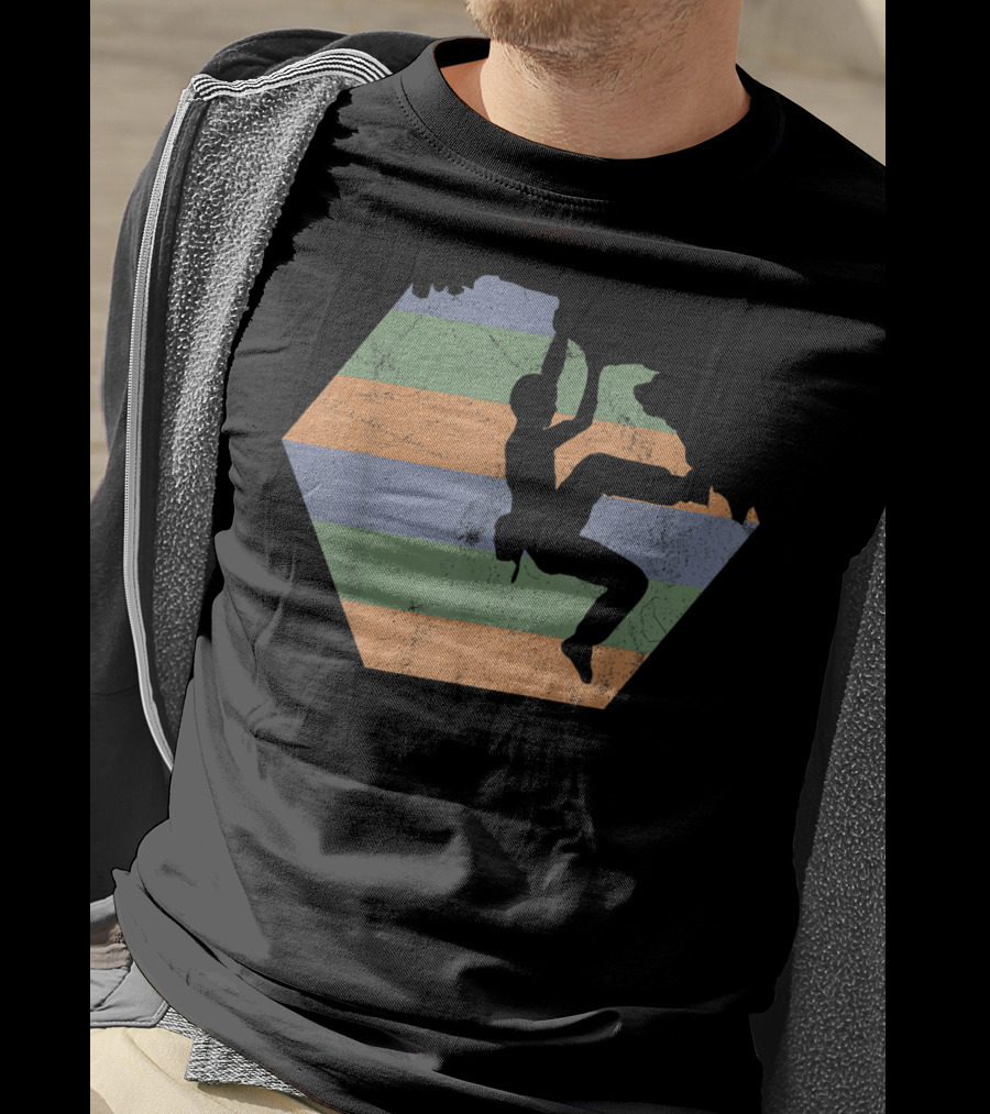 Bouldering Rock Climbing Climber Silhouette With Stripes T-Shirt