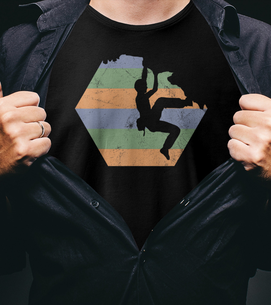 Bouldering Rock Climbing Climber Silhouette With Stripes T-Shirt