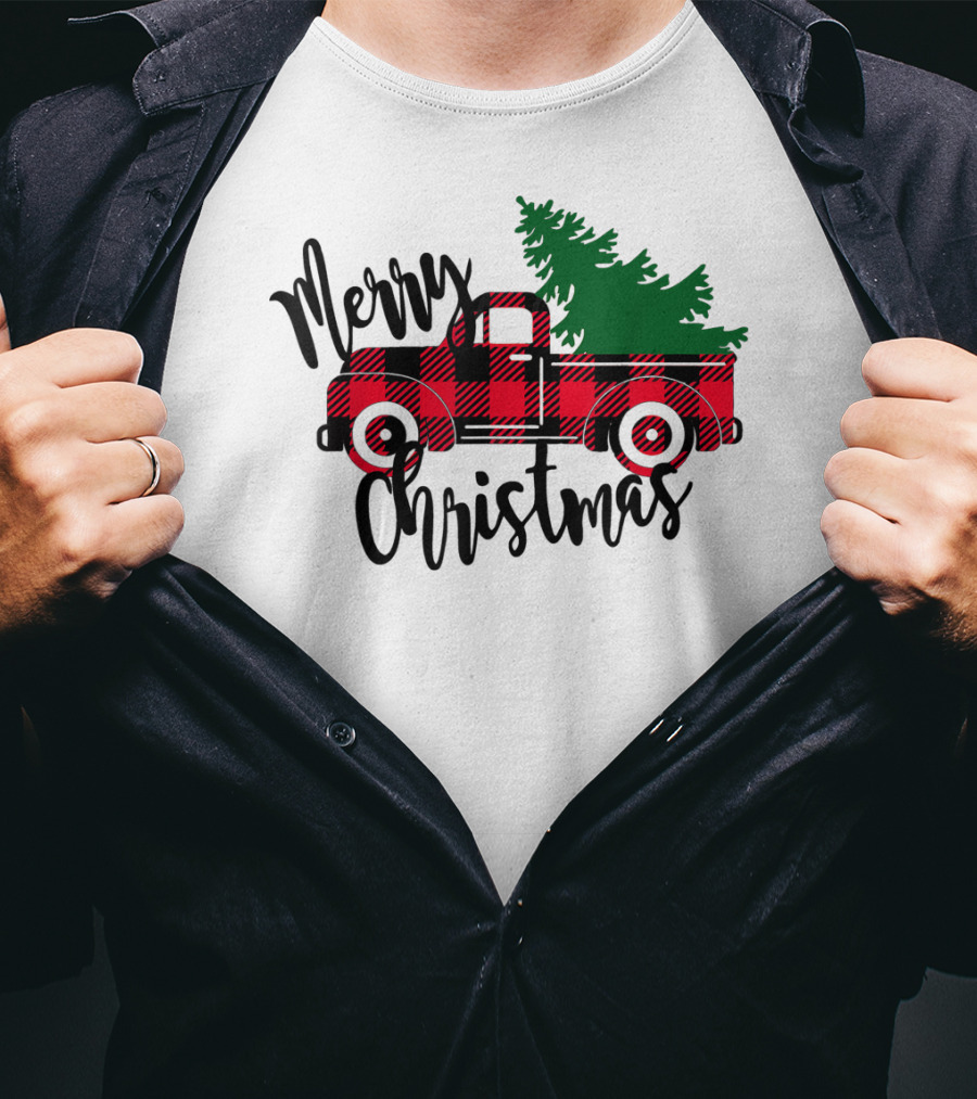 Merry Christmas Buffalo Plaid Red Truck T-Shirt