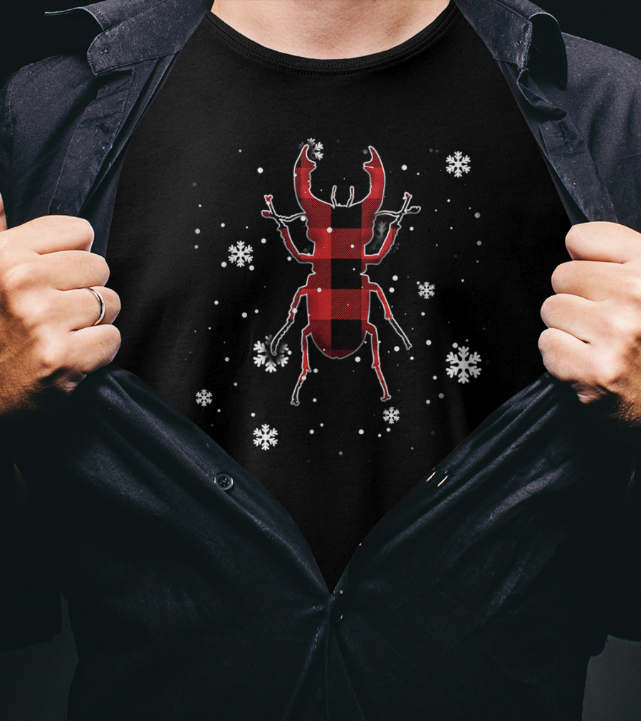 Bug Plaid Christmas Stag Beetle Snowflakes T-Shirt