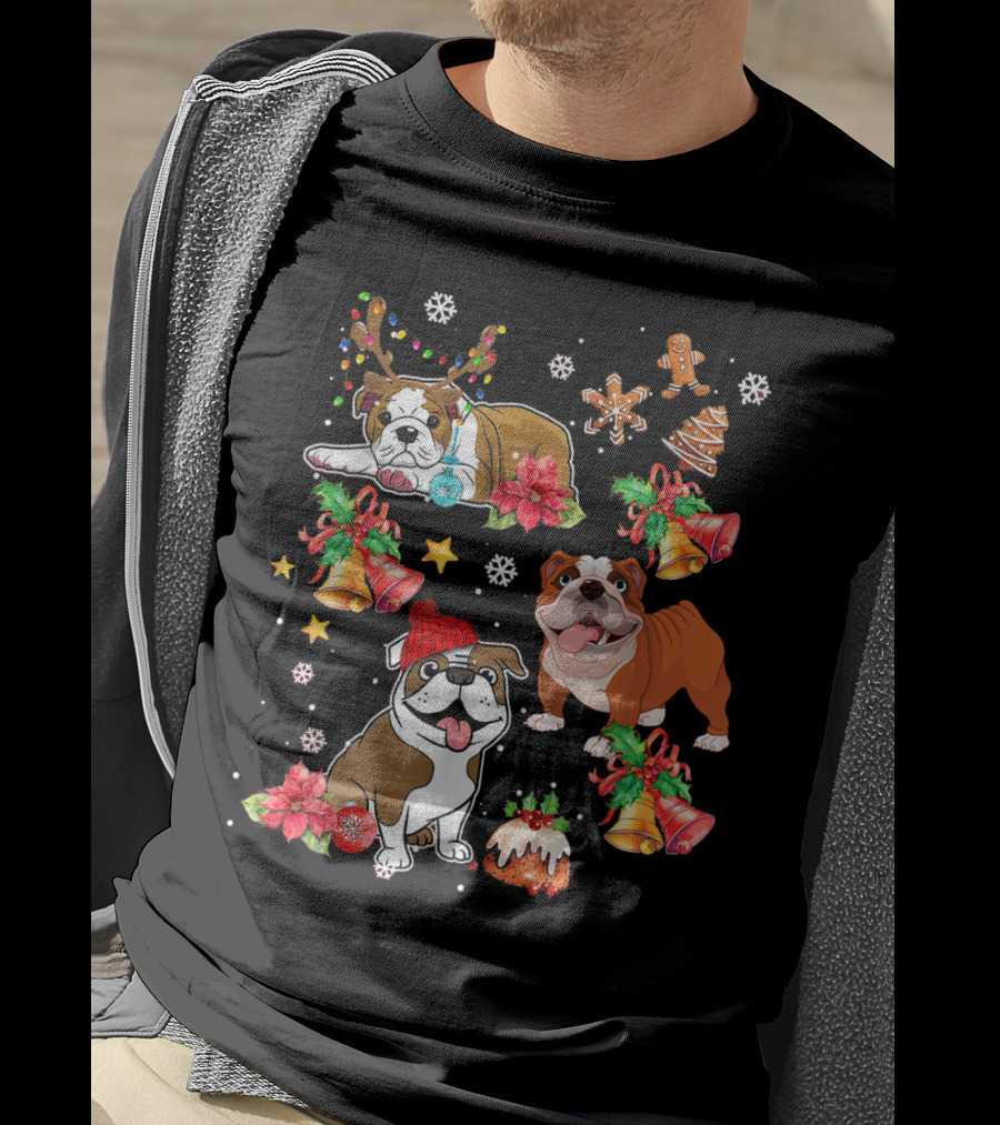 Bulldog Christmas Ornament Decoration With Bells And Gingerbread T-Shirt