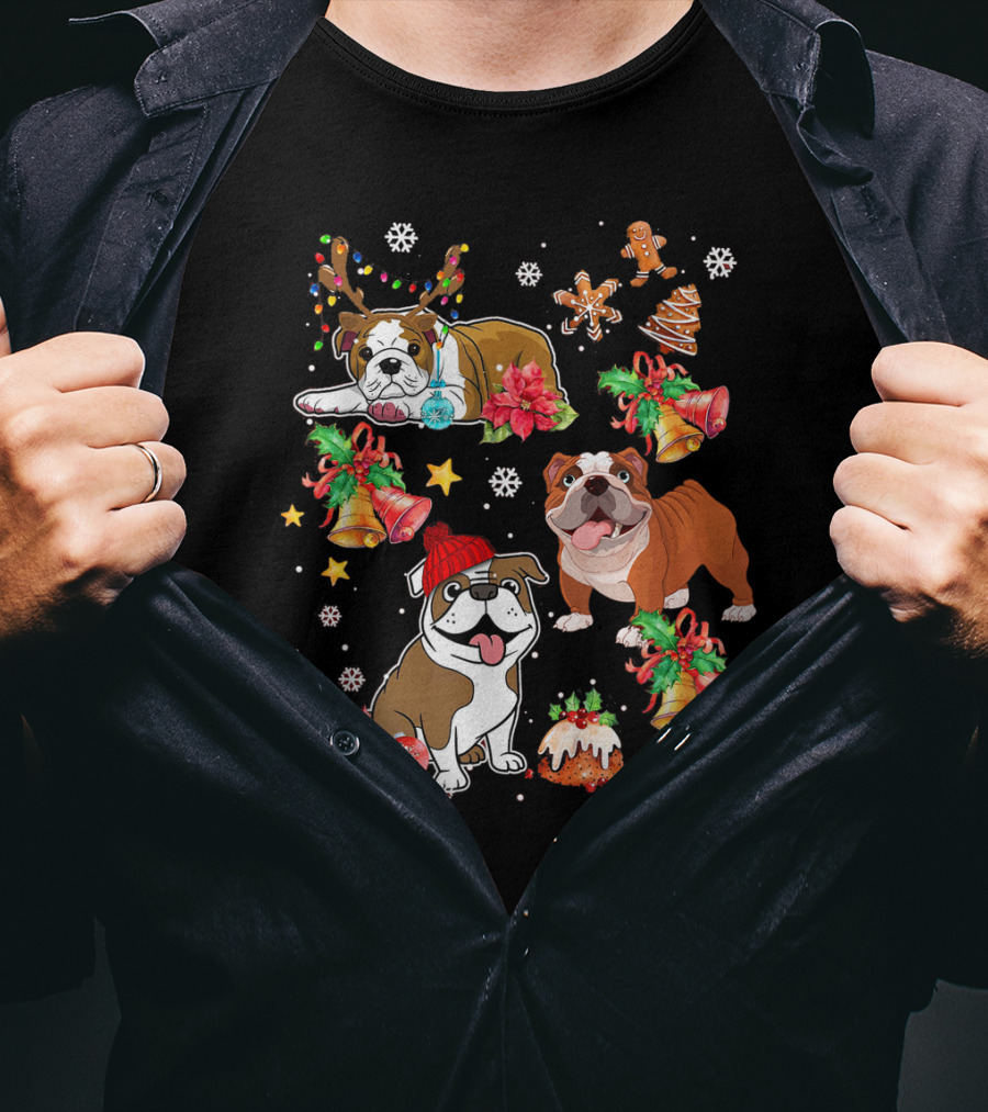 Bulldog Christmas Ornament Decoration With Bells And Gingerbread T-Shirt