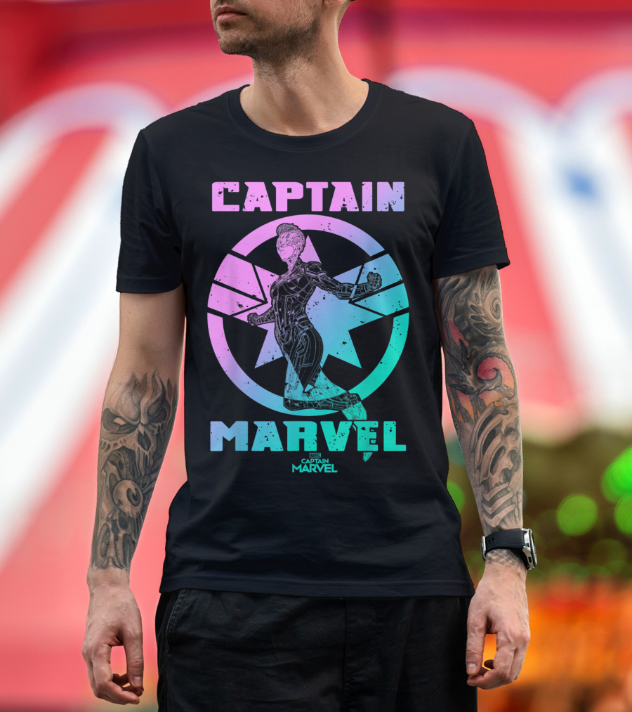 Captain Marvel Star Emblem Spectrum Heroine Pose T-Shirt