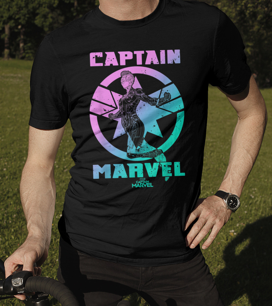 Captain Marvel Star Emblem Spectrum Heroine Pose T-Shirt