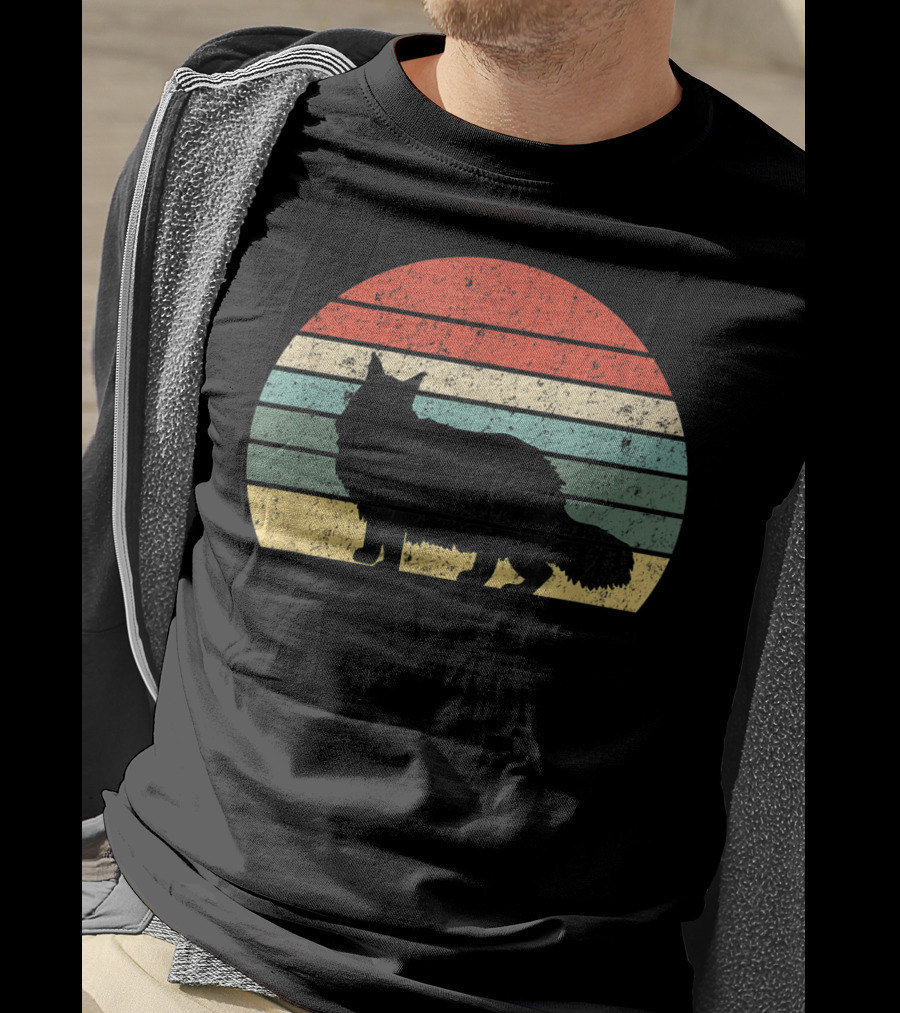 Retro Sunset Silhouette Maine Coon Cat Lover T-Shirt