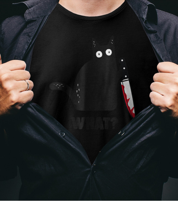 Funny Black Cat With Knife And What? T-Shirt