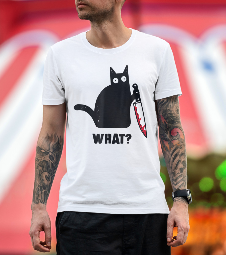 Funny Black Cat With Knife And What? T-Shirt