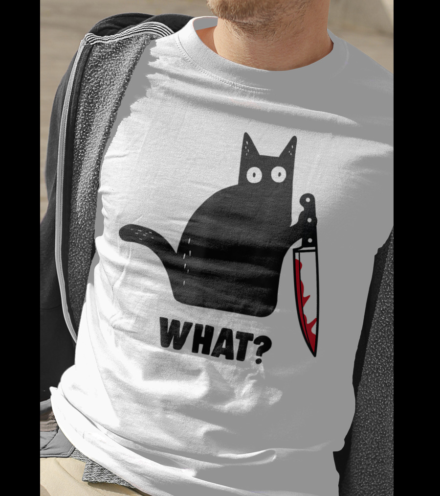 Funny Black Cat With Knife And What? T-Shirt