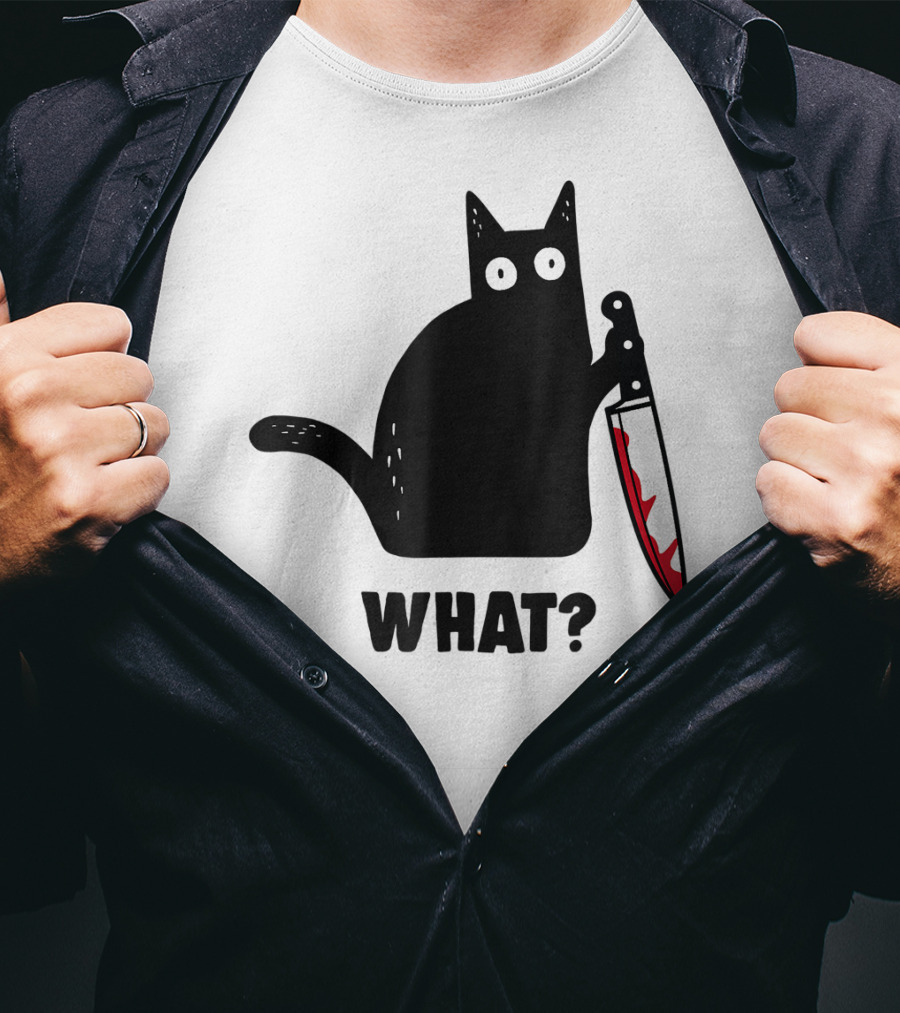 Funny Black Cat With Knife And What? T-Shirt