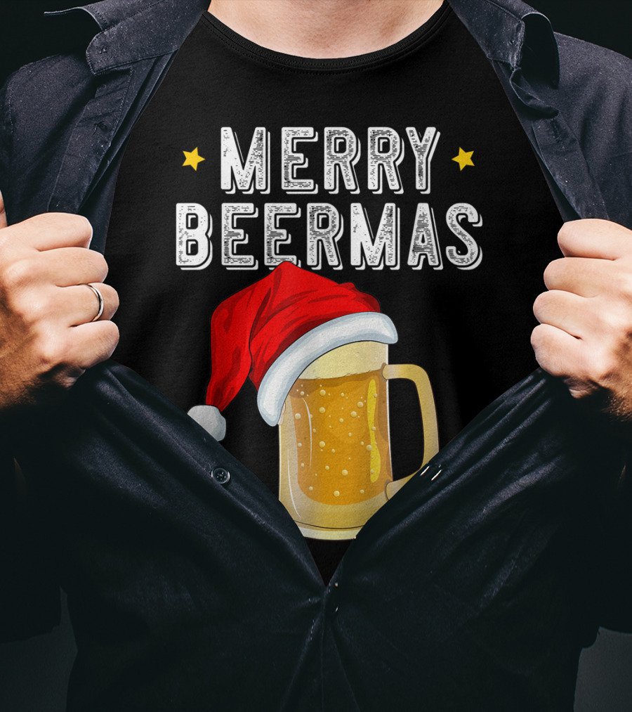 Merry Beermas Christmas Beer Santa Hat Beer Mug T-Shirt
