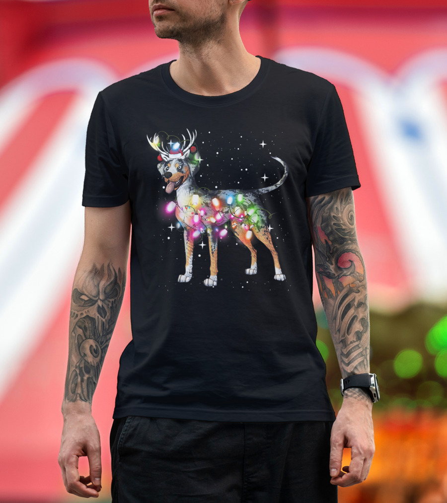 Catahoula Leopard Dog Wrapped in Christmas Lights with Reindeer Antlers and Santa Hat T-Shirt
