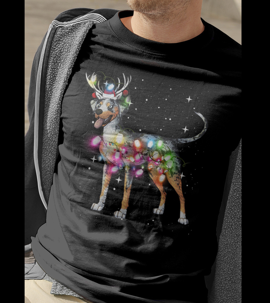 Catahoula Leopard Dog Wrapped In Christmas Lights With Reindeer Antlers And Santa Hat T-Shirt