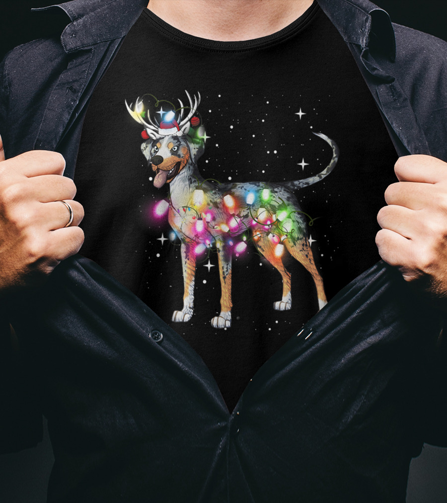 Catahoula Leopard Dog Wrapped In Christmas Lights With Reindeer Antlers And Santa Hat T-Shirt
