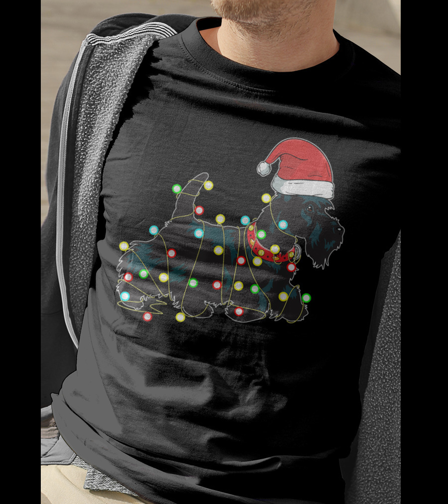 Scottish Terrier Wrapped In Christmas Lights And Santa Hat T-Shirt