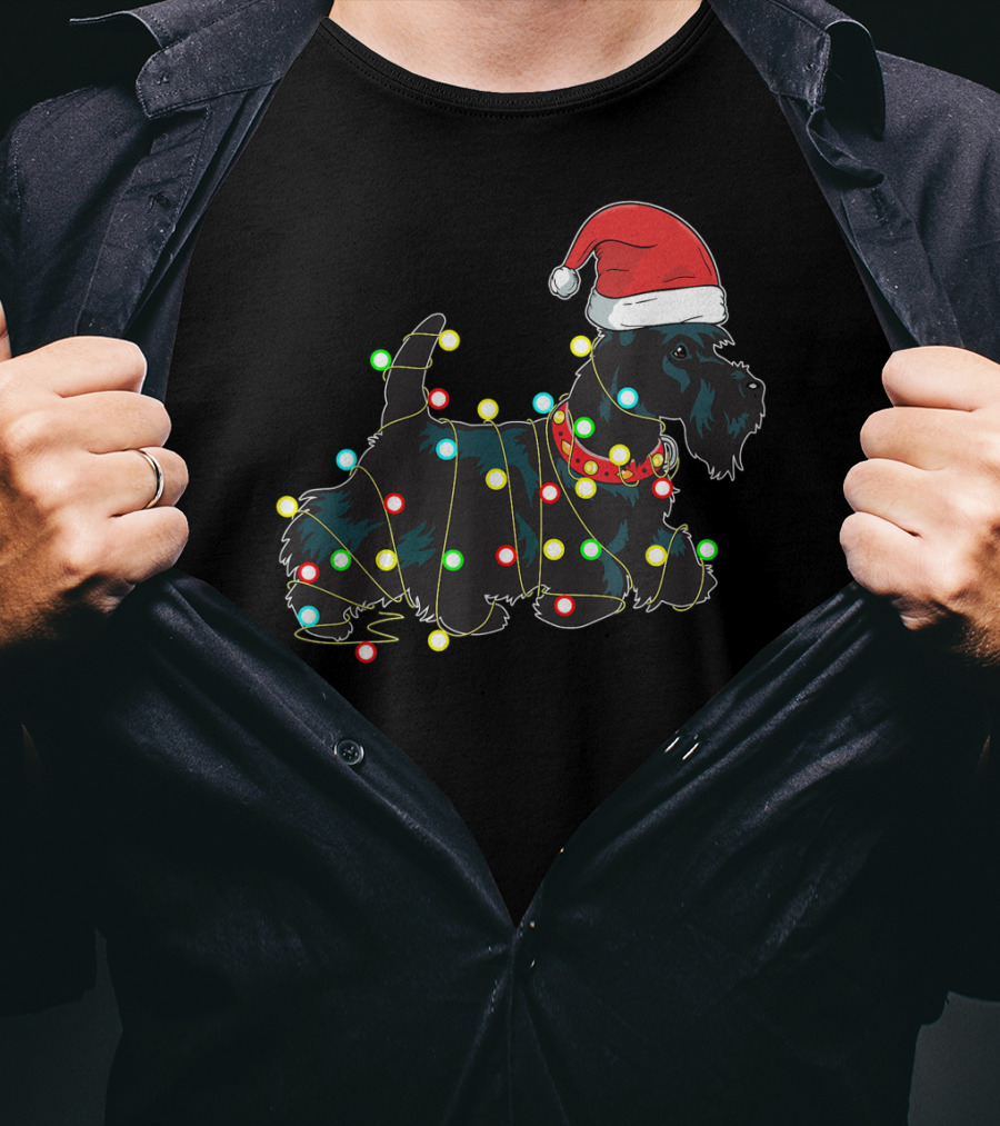 Scottish Terrier Wrapped In Christmas Lights And Santa Hat T-Shirt