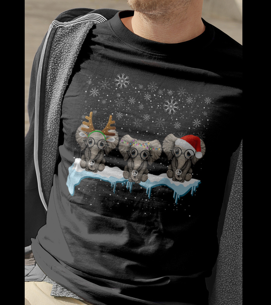 Christmas Three Hippie Elephants With Reindeer Antlers Santa Hat Peace Signs Snowflakes T-Shirt