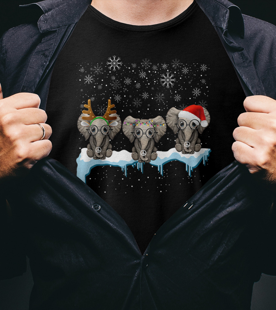Christmas Three Hippie Elephants With Reindeer Antlers Santa Hat Peace Signs Snowflakes T-Shirt