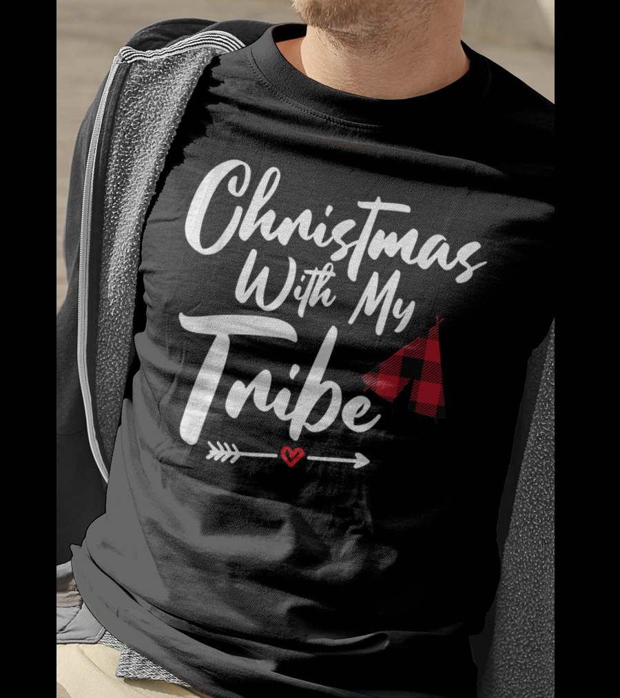 Christmas With My Tribe Buffalo Plaid Family Tent Arrow Heart T-Shirt