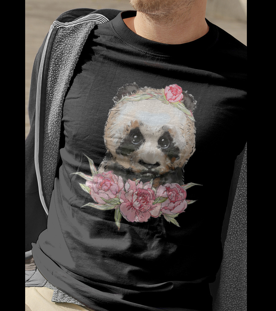 Baby Panda Bear With Pink Flower Crown And Blossoms T-Shirt