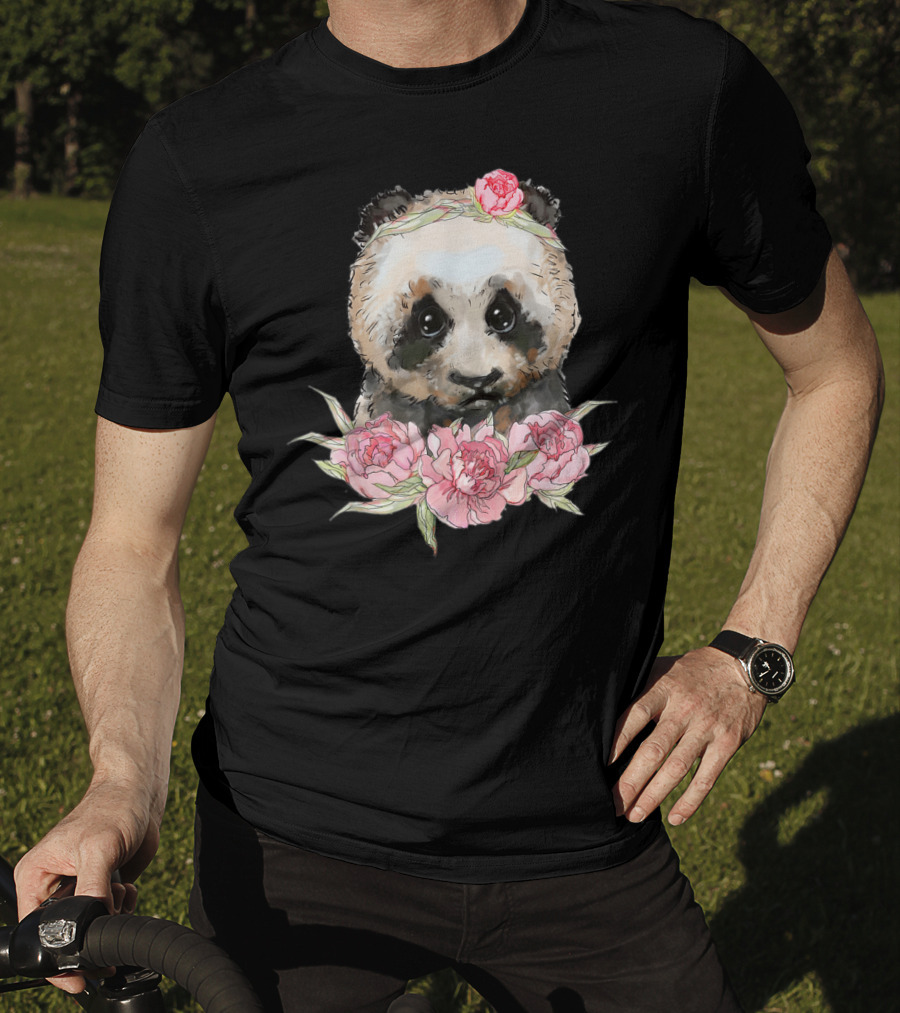 Baby Panda Bear With Pink Flower Crown And Blossoms T-Shirt