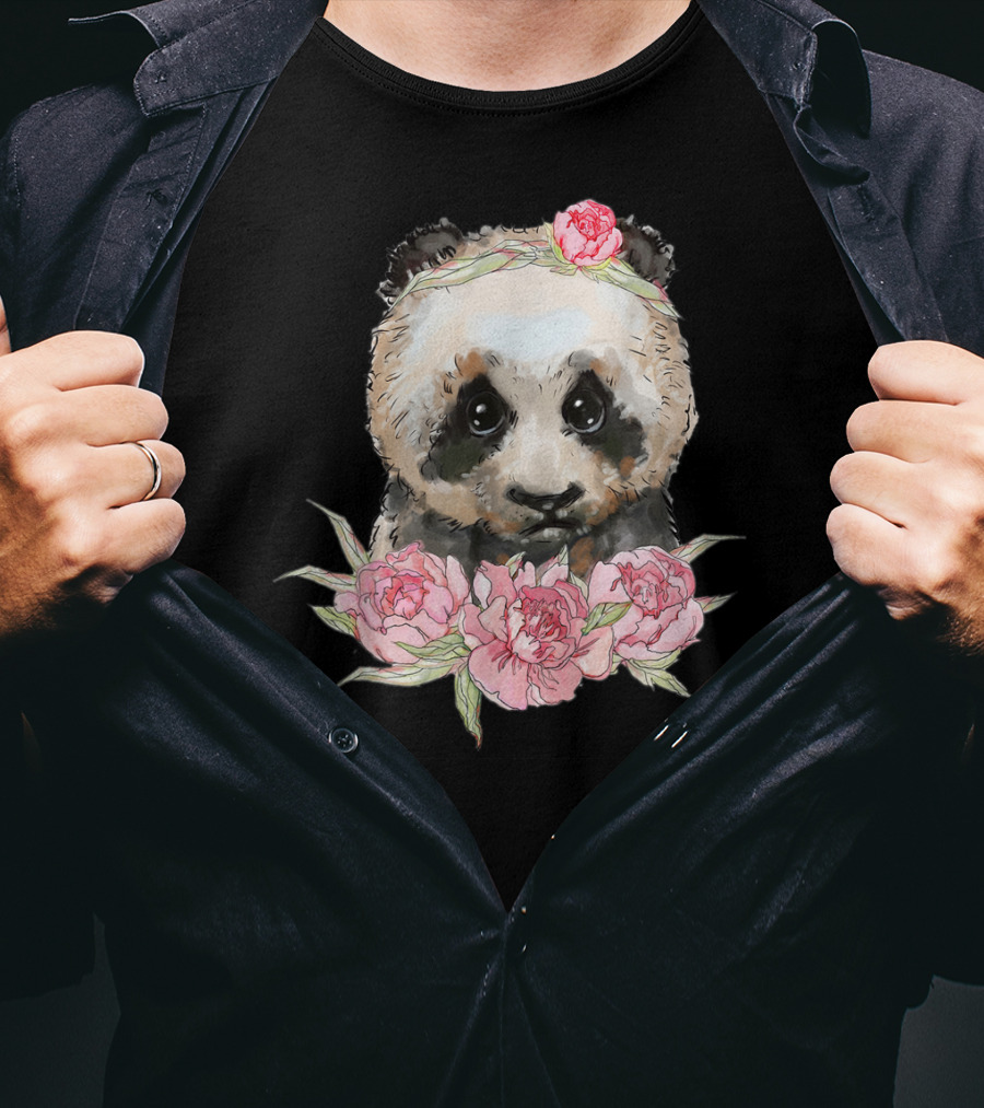 Baby Panda Bear With Pink Flower Crown And Blossoms T-Shirt
