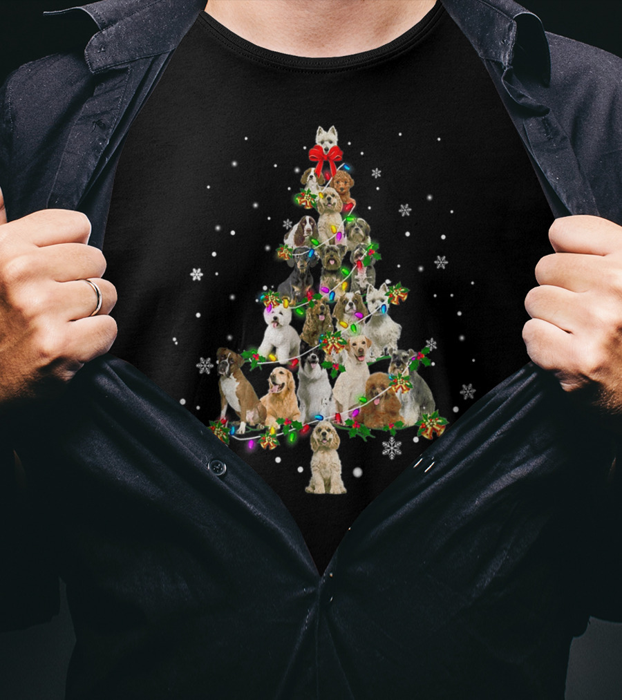 Cute Dogs Xmas Christmas Tree Decor With Festive Holiday Lights T-Shirt