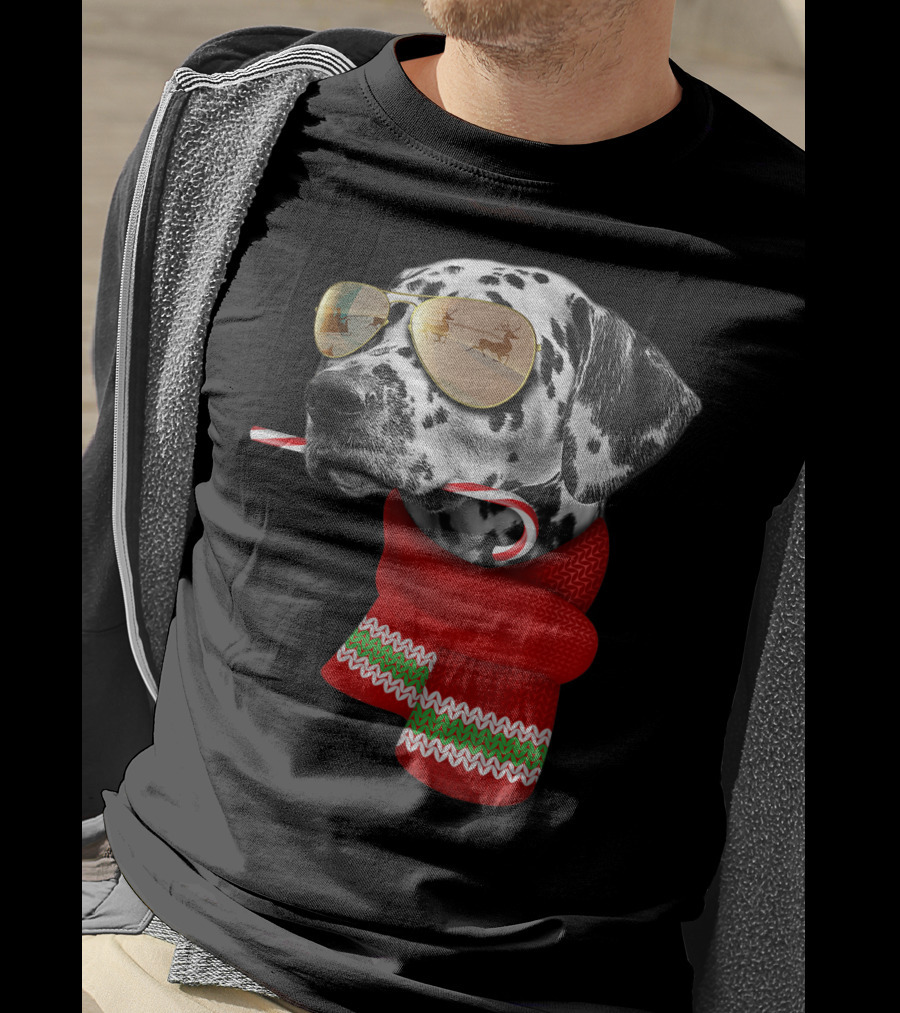 Dalmatian Christmas Dog With Candy Cane And Santa Sunglasses T-Shirt