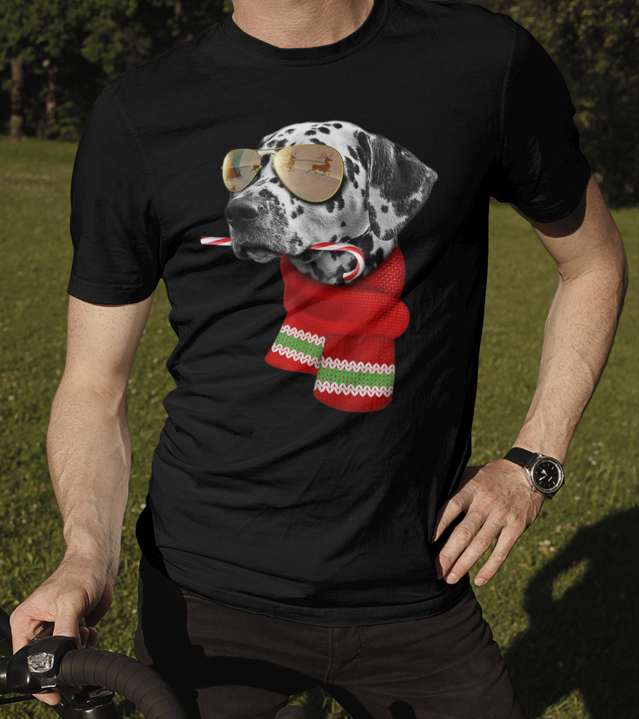 Dalmatian Christmas Dog With Candy Cane And Santa Sunglasses T-Shirt