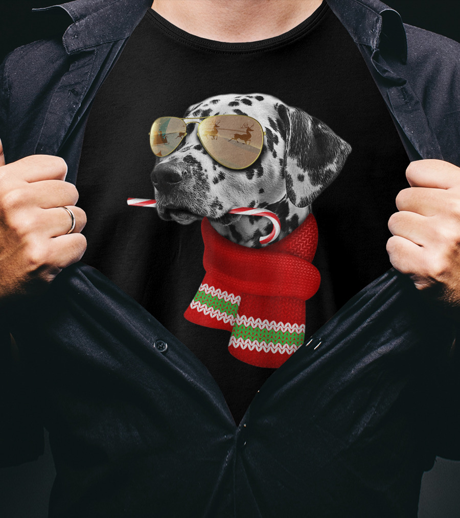 Dalmatian Christmas Dog With Candy Cane And Santa Sunglasses T-Shirt