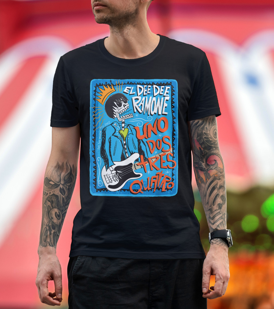 El Dee Dee Ramone Uno Dos Tres Quatro Skull Art with Crown and Heart Guitar T-Shirt